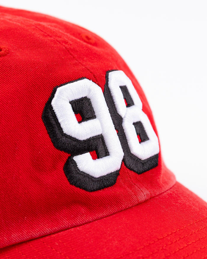 red '47 brand clean up adjustable hat with embroidered Connor Bedard number 98 on front - front detail lay flat
