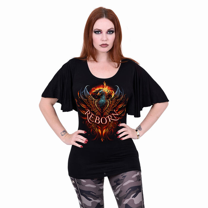 ASHES REBORN - Boat Neck Bat Sleeve Top Black - - Tops - Short Sleeve