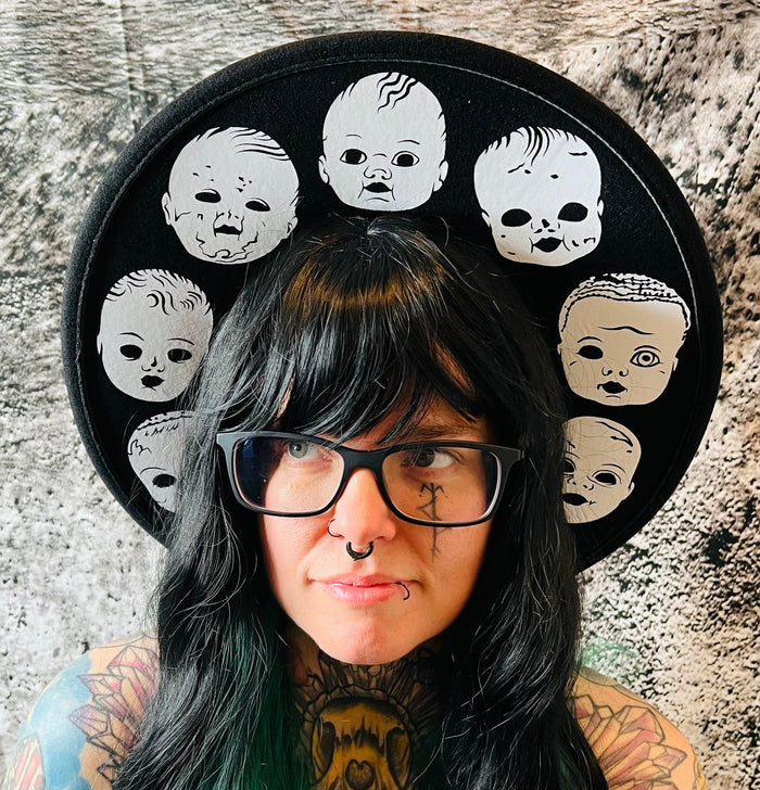 Vegan Felt Wide Brim Hat - XL Brim - Baby Doll Heads - -