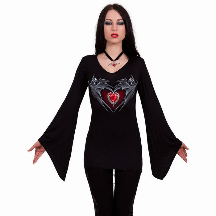BAT'S HEART - V Neck Goth Sleeve Top Black - - Tops - Long Sleeve
