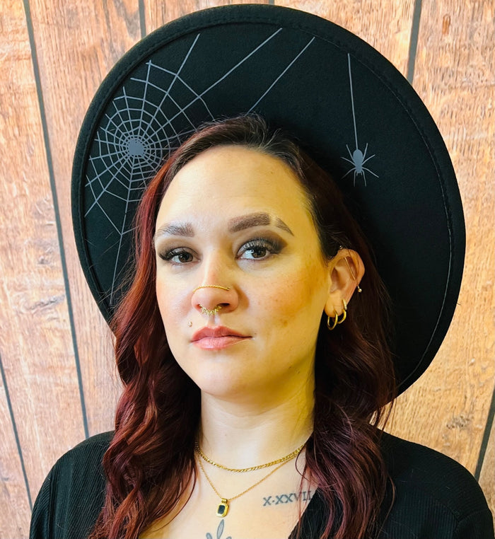 Vegan Felt Hat - XL Brim - Hanging Spider Web - Black/Charcoal - -