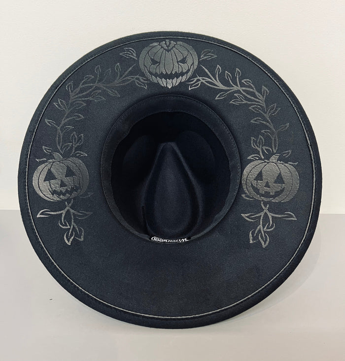 Vegan Felt Wide Brim Hat - XL Brim - Jack-O-vines (Black on Black) - -