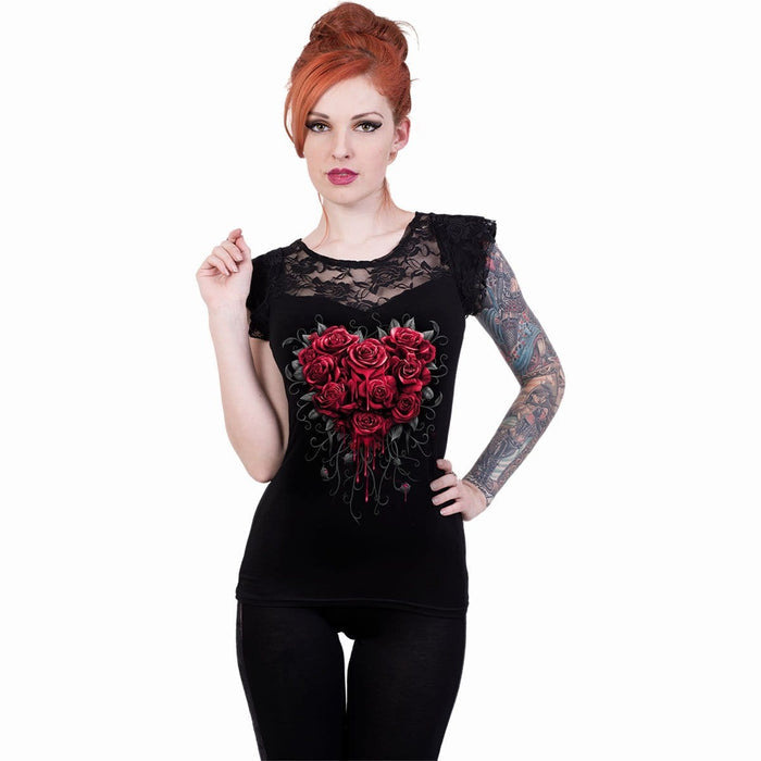 BLEEDING HEART - Lace Layered Cap Sleeve Top Black - - Tops - Short Sleeve