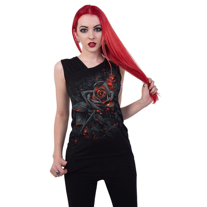 BURNT ROSE - Gathered Shoulder Slant Vest Black - - Tops - Sleeveless