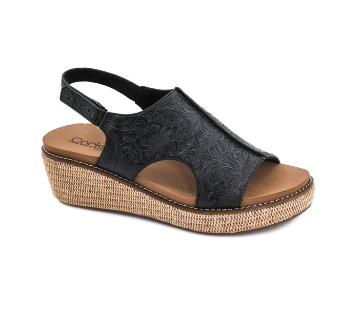 Corky's Black Embossed Floral Volta Ii Sandals - Macoma Boutique304 Sandals