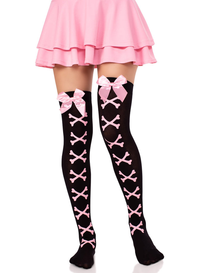 Crossbone Opaque Thigh Highs - Pirate Gothic Hosiery - Alternative Fashion Stockings - - Thigh High Stockings
