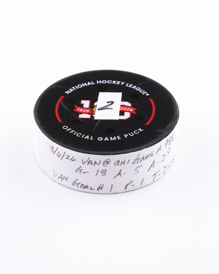 Drew O'Connor (VAN) Game-Used Goal Puck 25225