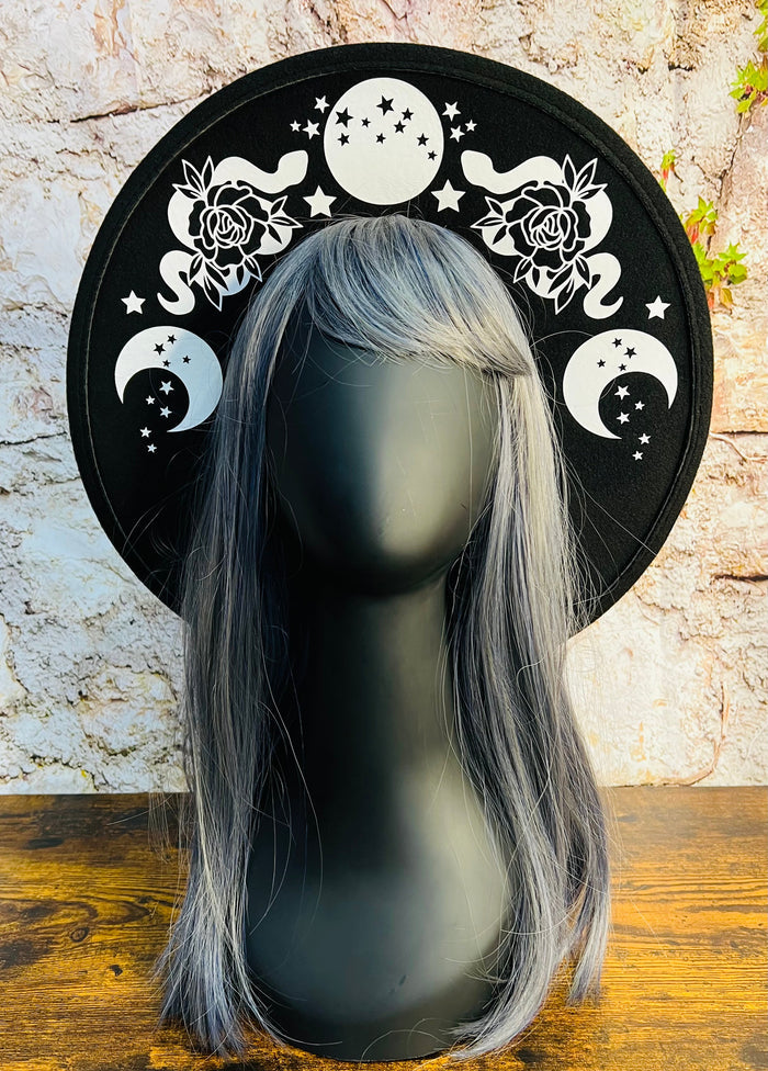 Vegan Felt Wide Brim Hat - Flat Top XL Brim - "Floral snake moon phase" - -