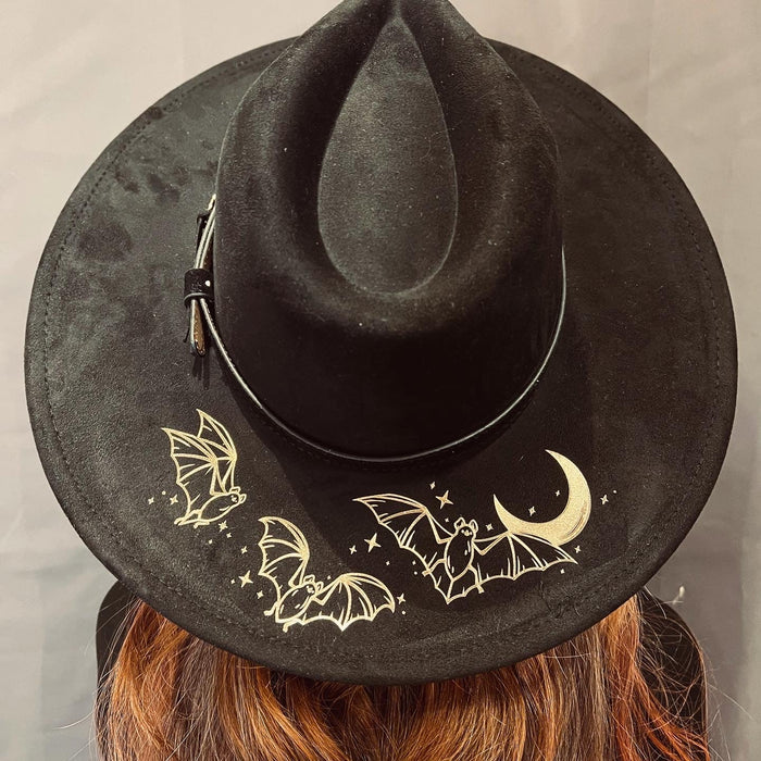 Vegan SUEDE Wide Brim Hat - XL Brim - Foiled Batty Moon - -