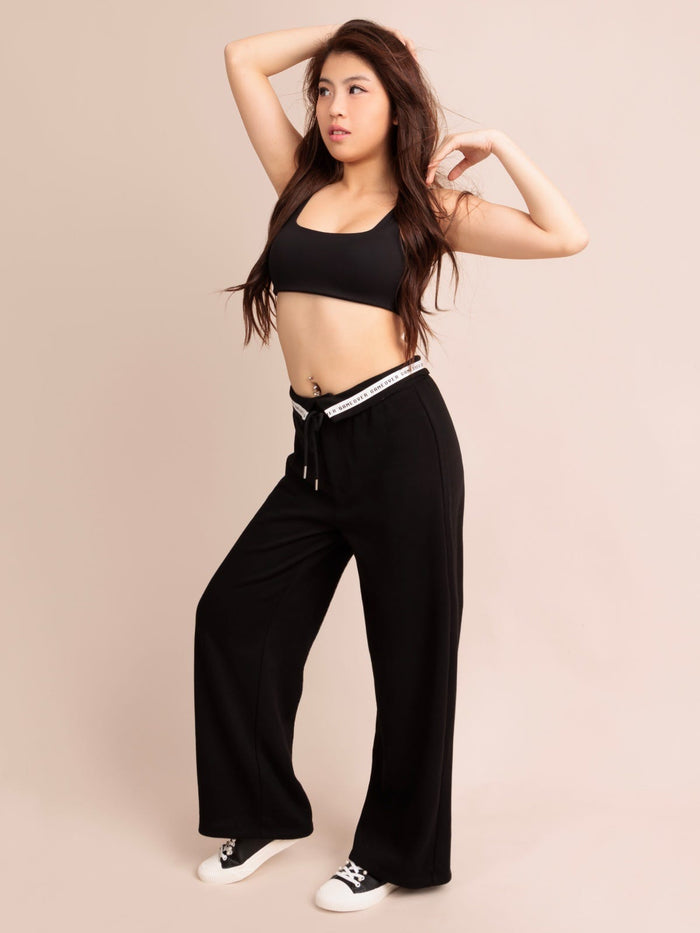 EELOIT, Foldover Waist Wide Leg Pants - 8S6-Black