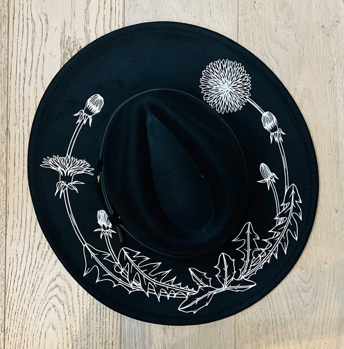Vegan Felt Hat - XL Brim - Large Dandelions - -