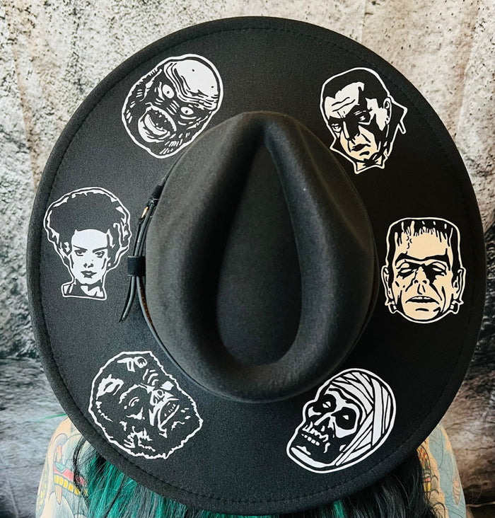 Vegan Felt Wide Brim Hat - XL Brim - "Monsters" - -