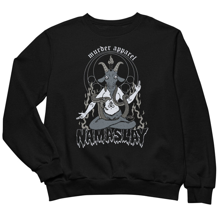 Black sweatshirt with a graphic design and text on a white background