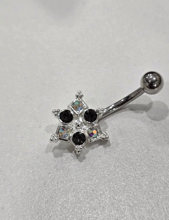 Painful Pleasures Black & Iridescent Gem Star Navel Ring in 14G Surgical Steel