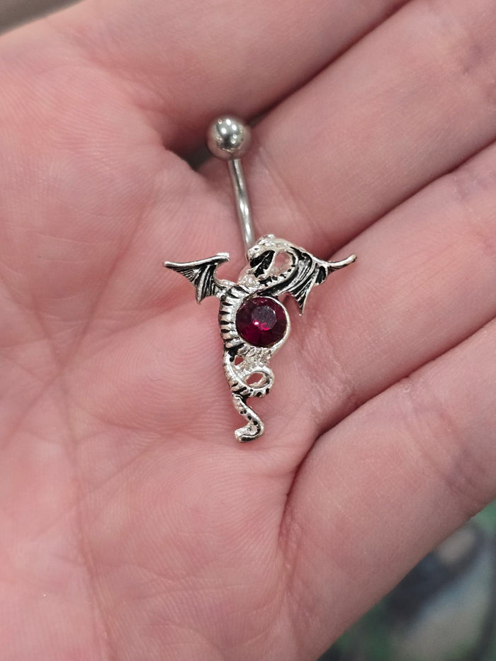 Painful Pleasures Dragon Navel Ring in 14G Surgical Steel with Ruby Red Gem