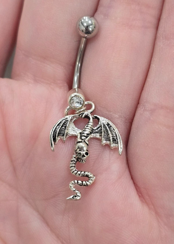 Painful Pleasures Dragon & Skull Navel Ring in 14G Surgical Steel with Gem Accent