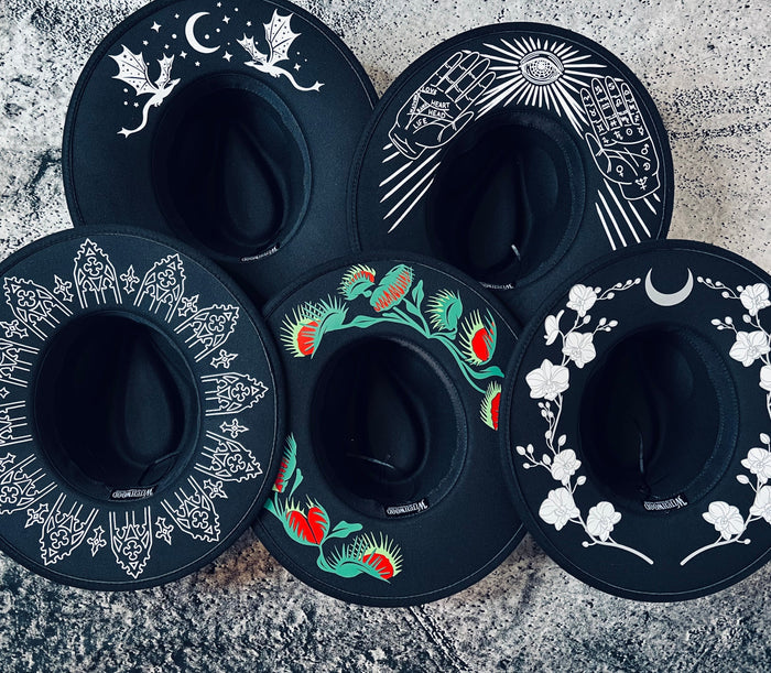 Vegan Felt Wide Brim Hat - XL Brim - "Palmistry" - -