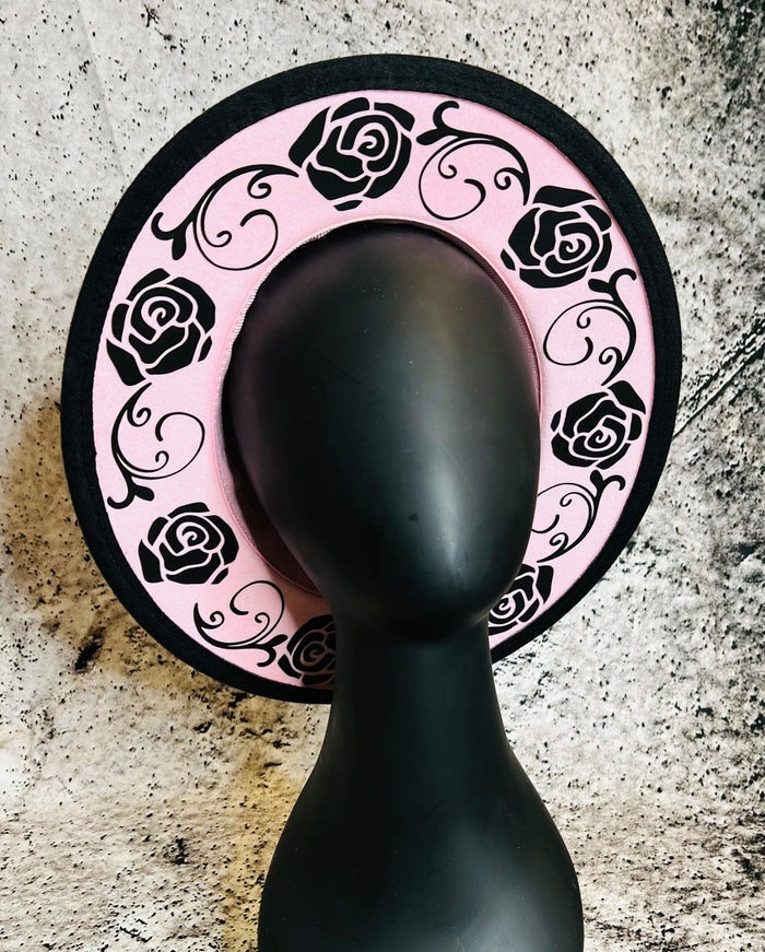 Vegan Felt Wide Brim Hat - "Pastel Pink Black Rose Crown" - -
