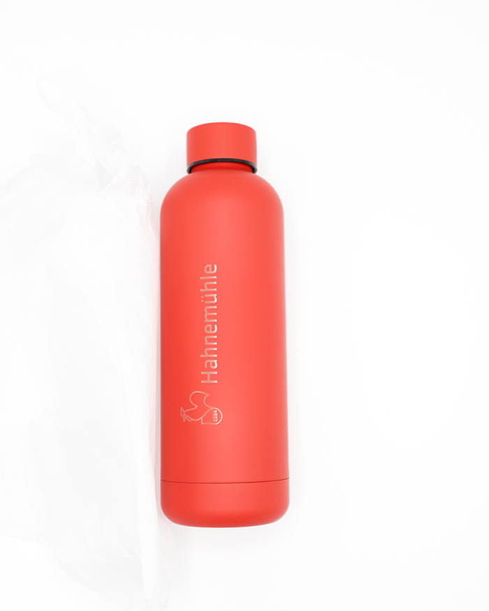 red metal water bottle with screw top with silver Rockford IceHogs primary logo on front - back lay flat