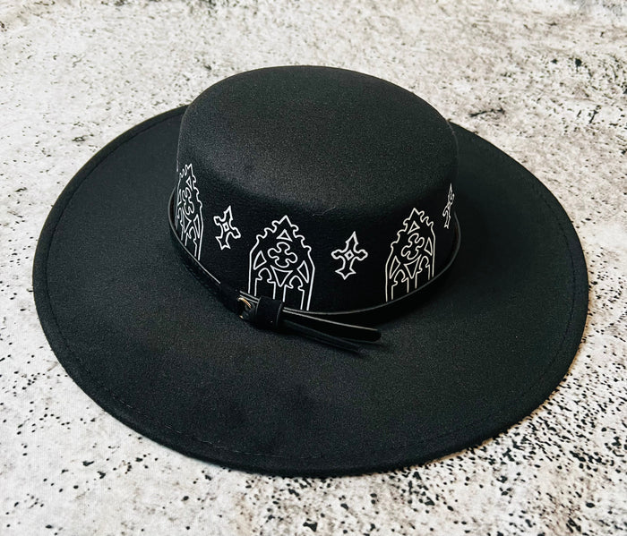 Vegan Felt Wide Brim Hat - Flat Top XL Brim - "Rot Iron Arches" - -