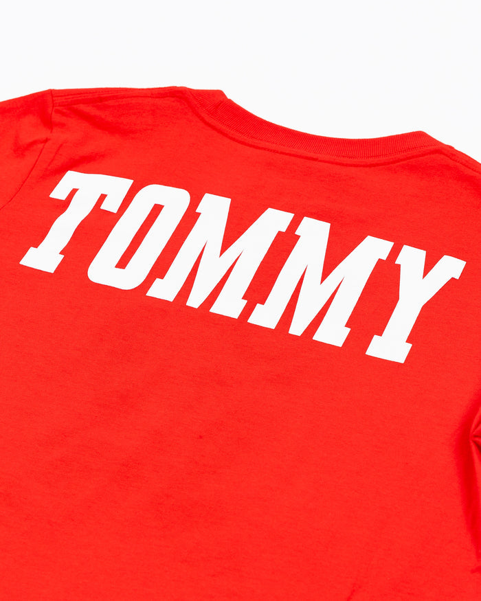 red Mitchell & Ness youth short sleeve tee with Chicago Blackhawks mascot Tommy Hawk on front - back detail lay flat
