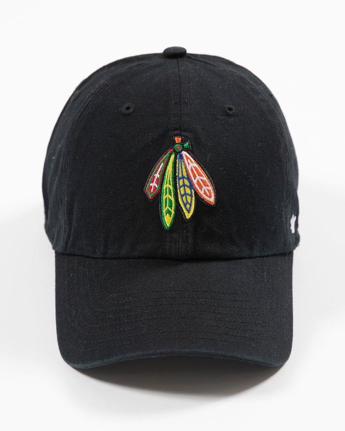 black Chicago Blackhawks adjustable cap with four feathers logo - front angle