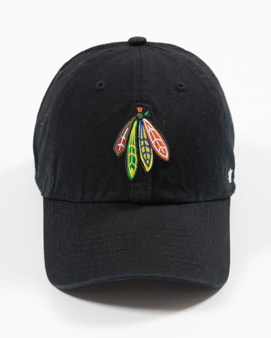 black Chicago Blackhawks adjustable cap with four feathers logo - front angle