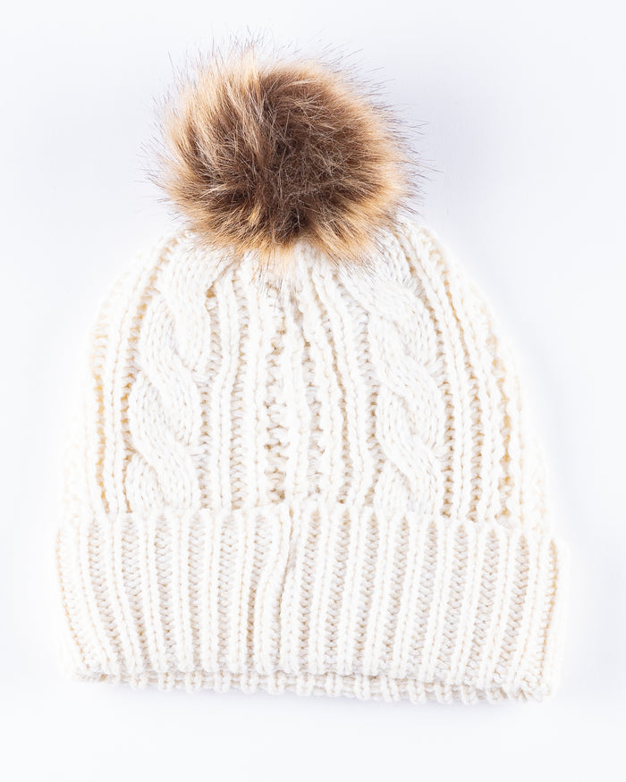 white '47 brand knit beanie with pom and Chicago Blackhawks primary logo embroidered on cuff - back lay flat