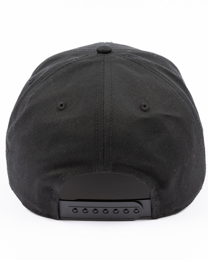 black American Needle adjustable Roscoe hat with upside down Chicago wordmark embroidered on front and Chicago Blackhawks primary logo embroidered on left side - back lay flat