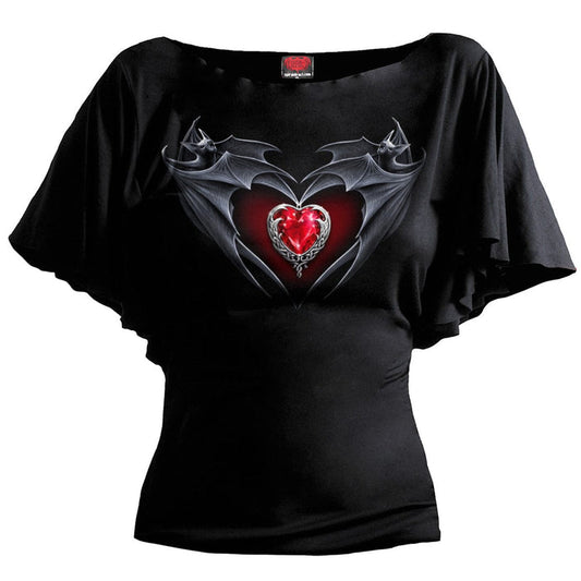 BAT'S HEART - Boat Neck Bat Sleeve Top Black -  - Tops - Short Sleeve