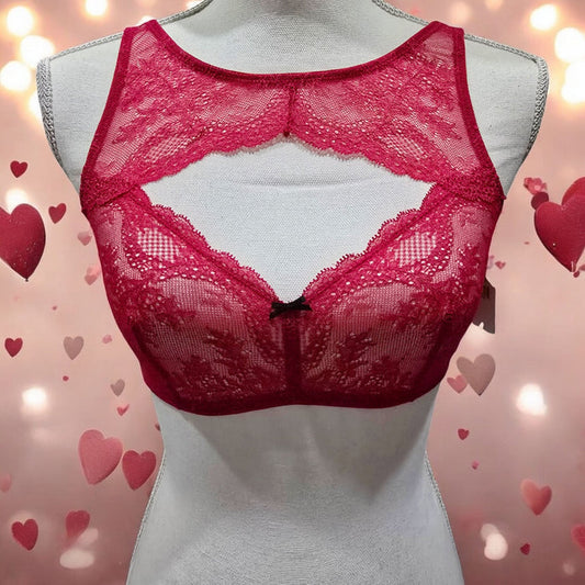 Red Lace Bralette Cut-out Front Floral Pattern Black Center Bow -  - Bras