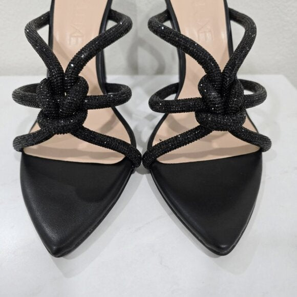 Black Glitter Pointed Toe Mule Heels with Knotted Strap Detail