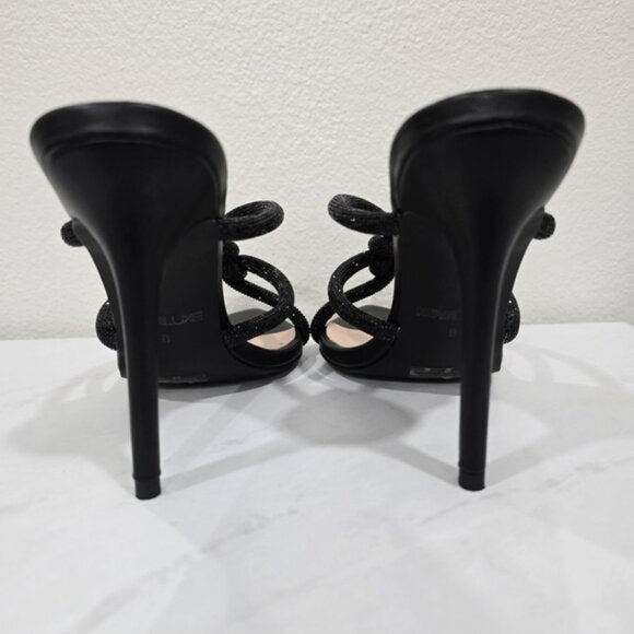 Black Glitter Pointed Toe Mule Heels with Knotted Strap Detail