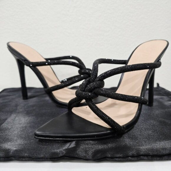 Black Glitter Pointed Toe Mule Heels with Knotted Strap Detail
