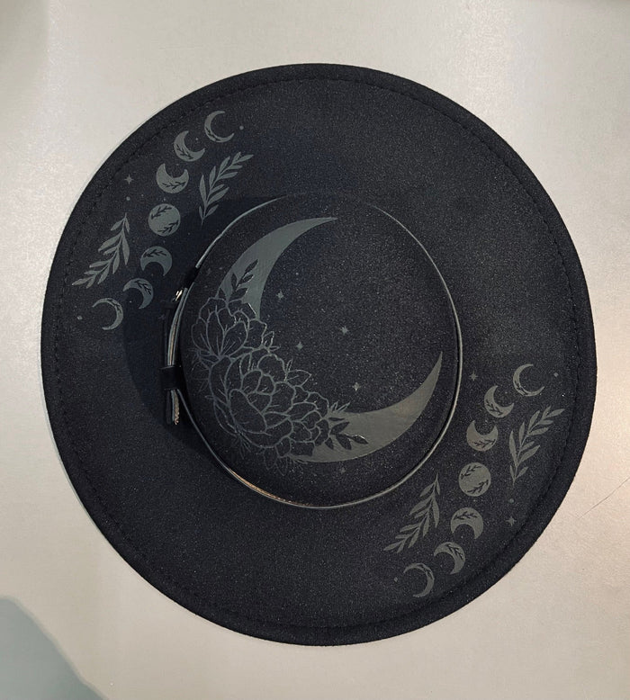 Black-on-Black Floral Moon Vegan Felt Flat Top XL Brim Hat