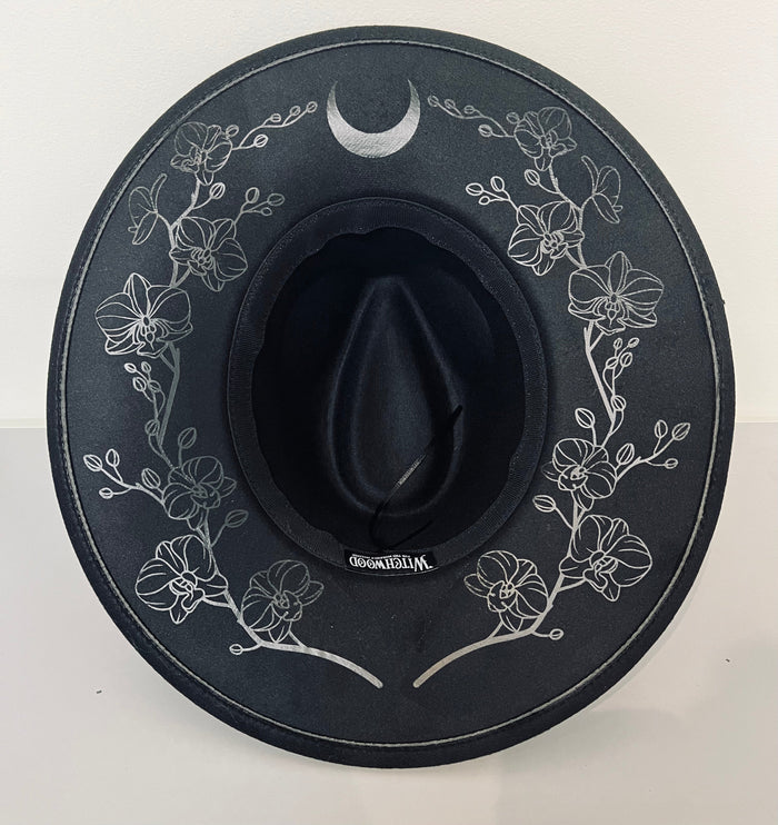 Vegan Felt Wide Brim Hat - XL Brim - Orchids (Black on Black) -  -