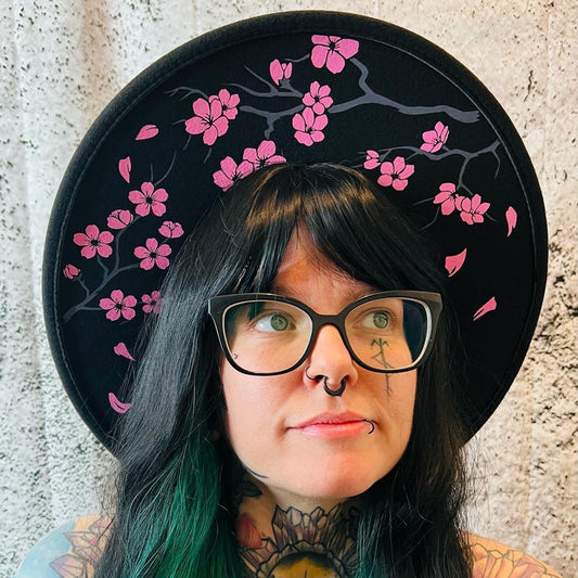 Vegan Felt Wide Brim Hat - XL Brim - "Cherry Blossoms" -  -