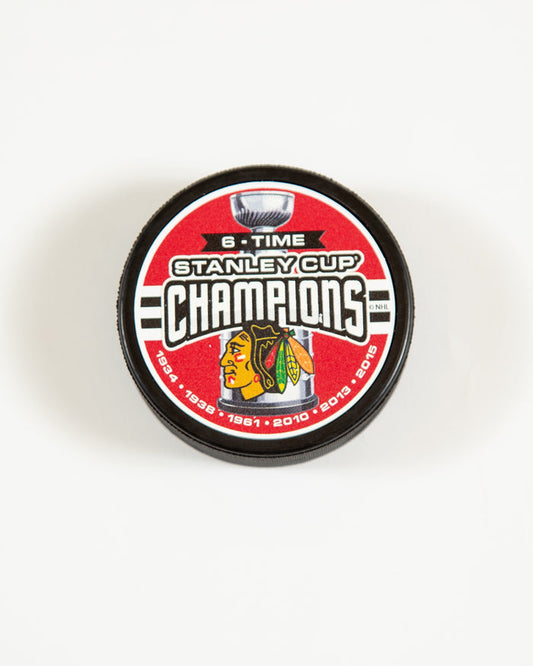 Chicago Blackhawks 6-tme Stanley Cup Champions designed puck - front angle