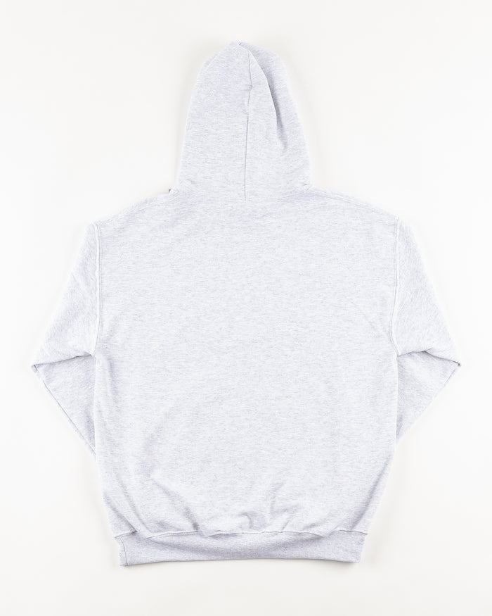 grey Chicago Blackhawks hoodie with wordmark and primary logo on chest and secondary logo on left wrist - back lay flat