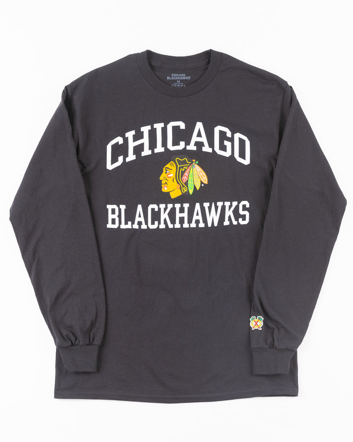 black long sleeve tee with Chicago Blackhawks wordmark and primary logo across chest - front lay flat