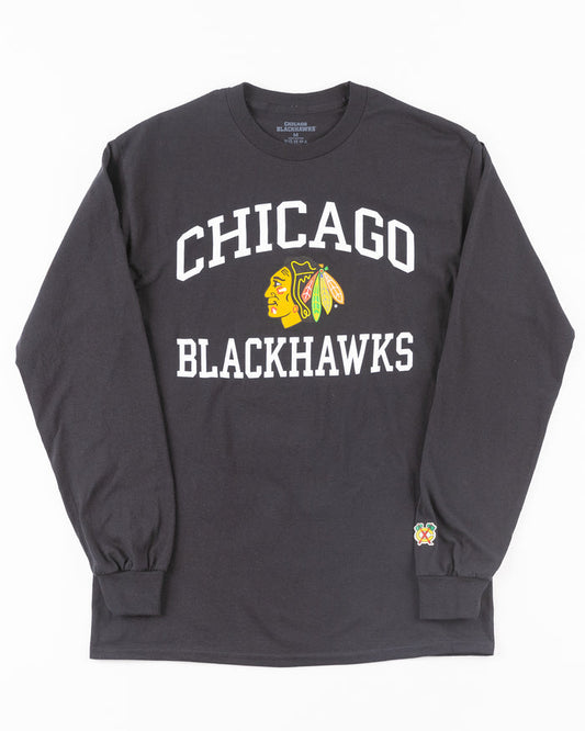black long sleeve tee with Chicago Blackhawks wordmark and primary logo across chest - front lay flat