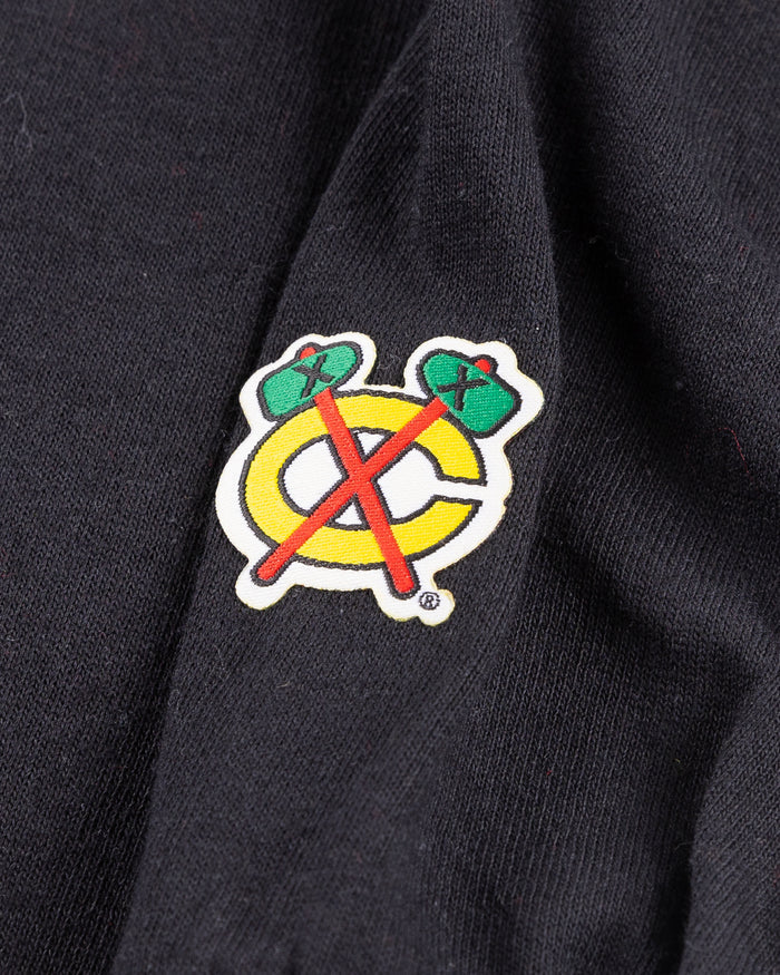 black long sleeve tee with Chicago Blackhawks wordmark and primary logo across chest - alt detail lay flat
