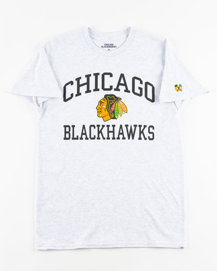 grey Chicago Blackhawks short sleeve tee with wordmark and primary logo on chest and secondary logo on left shoulder - front lay flat