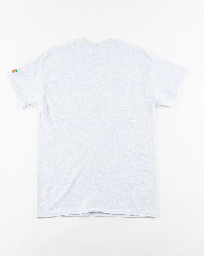 grey Chicago Blackhawks short sleeve tee with wordmark and primary logo on chest and secondary logo on left shoulder - back lay flat