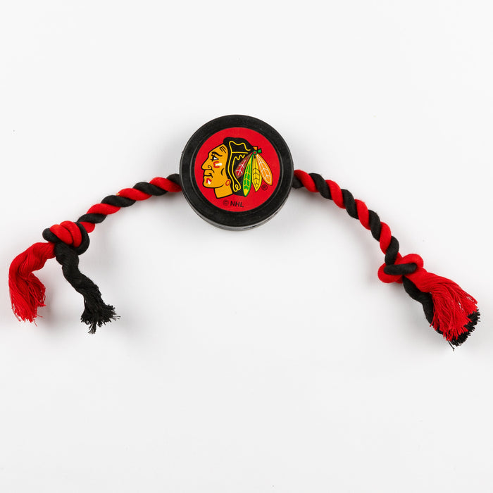 Chicago Blackhawks pet toy in shape of puck and rope - front lay flat