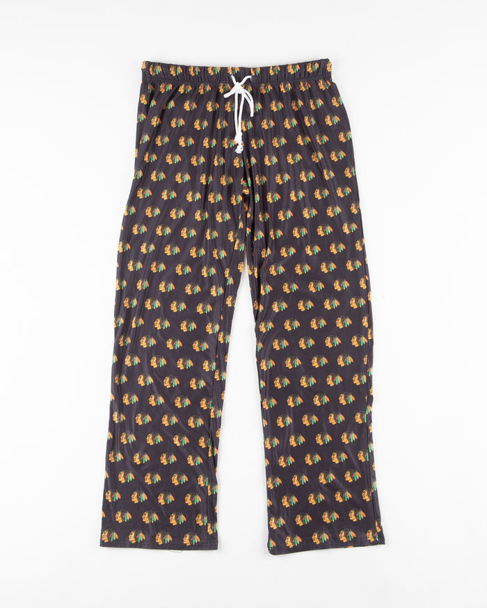 black ladies pajama pants with Chicago Blackhawks primary logo all over - front lay flat
