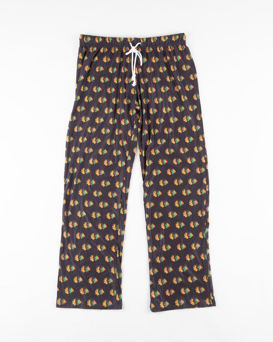 black ladies pajama pants with Chicago Blackhawks primary logo all over - front lay flat