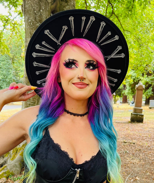 Vegan Felt Wide Brim Hat - Flat Top XL Brim - "Coffin Nails" -  -