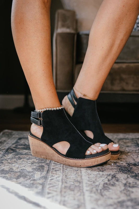 Corky's Black Faux Suede Falling Hard Wedges - Macoma Boutique302 Wedges & Heels