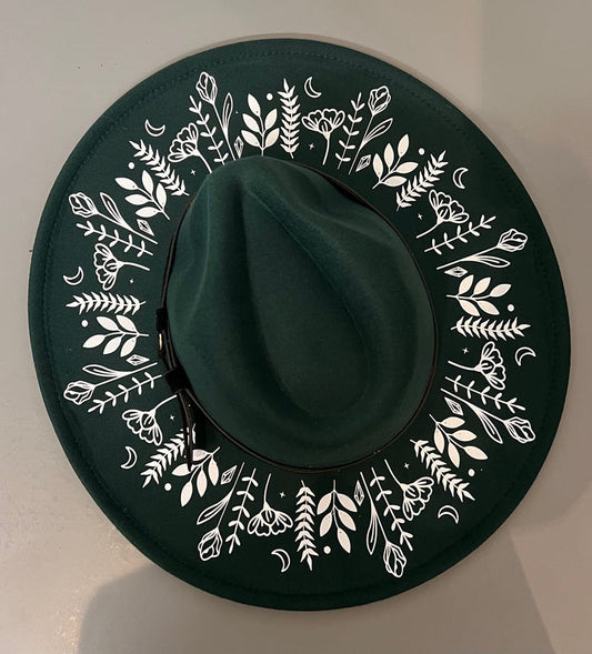 Vegan Felt Wide Brim Hat - XL Brim - Emerald - Botanicals -  -